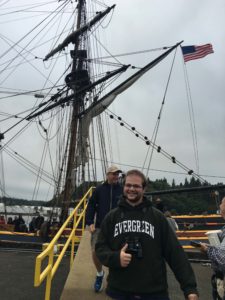 Aleks Storvik, WCC Americorps with Nisqually River Education Project, disembarking from the Lady Washington.